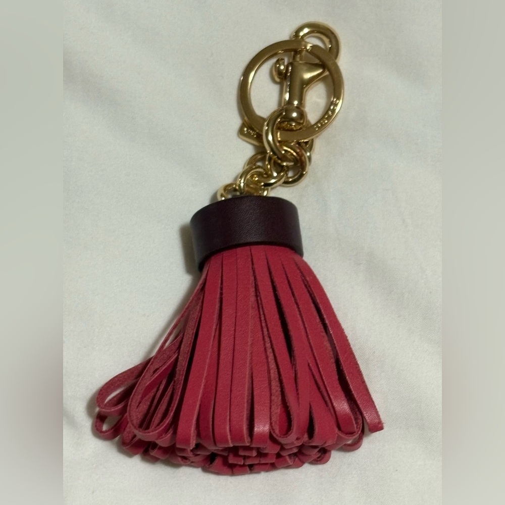 Coach Red and Brown Leather Tassel Keychain - Picture 3 of 5